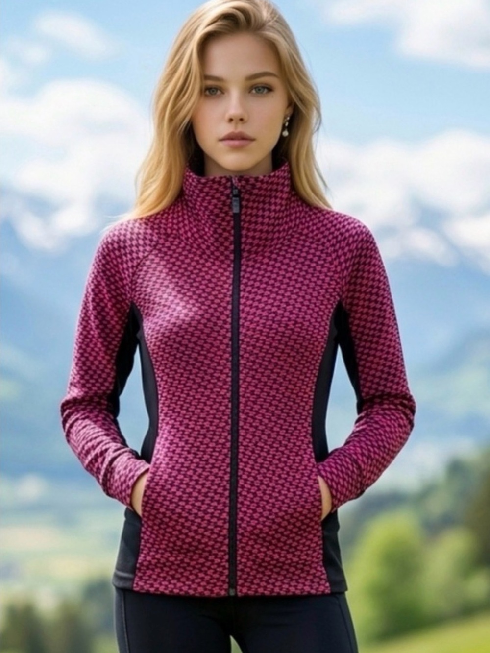 Lululemon Size 8 Radiant Jacket Magenta and Black Patterned Zip Up Black Panels
